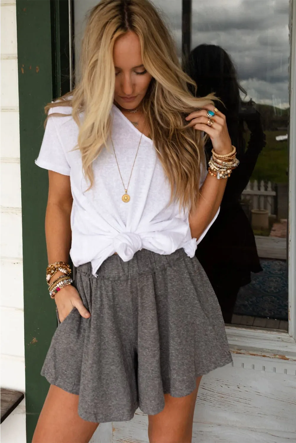Gray Elastic Waist Loose Ruffle Shorts