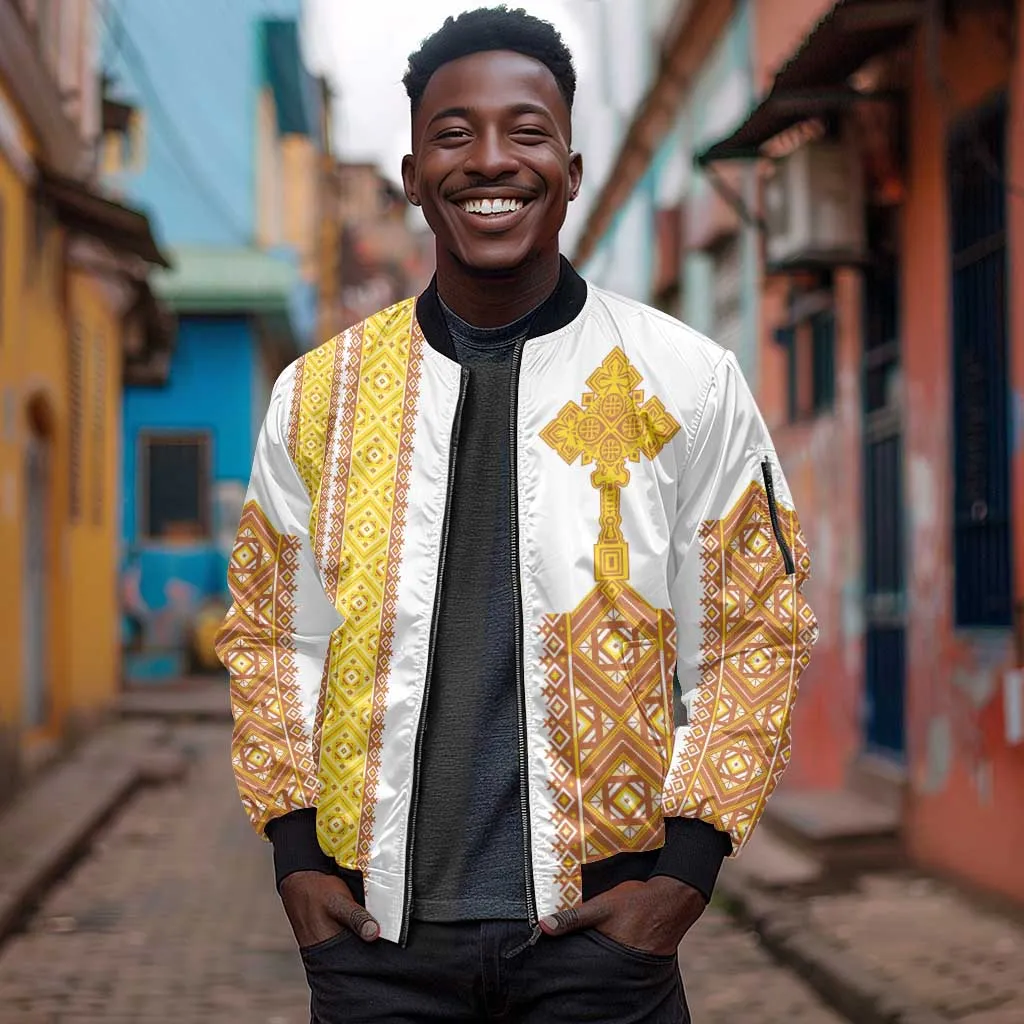 Habesha Motifs Ethiopia Sleeve Zip Bomber Jacket Tilet White Gold LT7