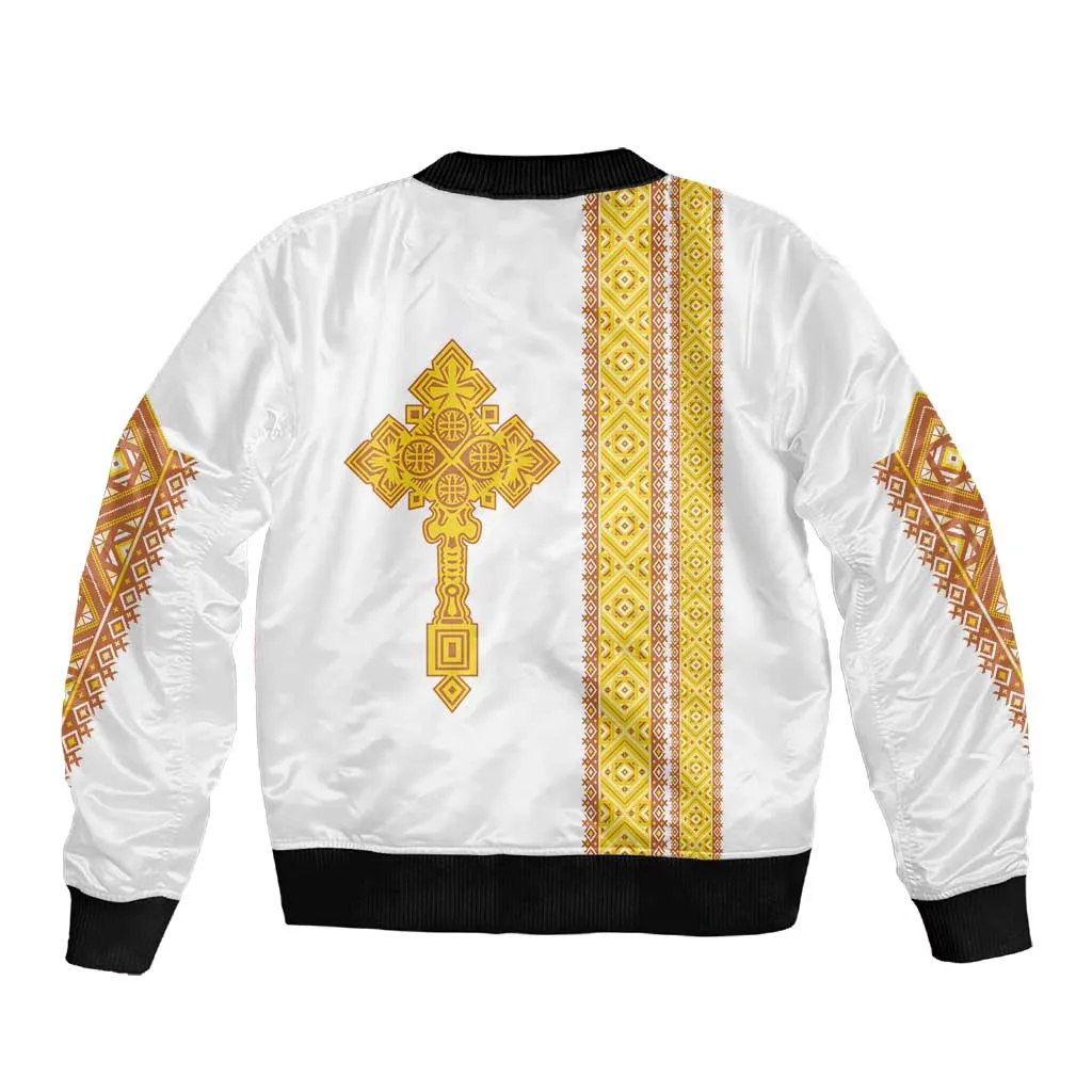 Habesha Motifs Ethiopia Sleeve Zip Bomber Jacket Tilet White Gold LT7