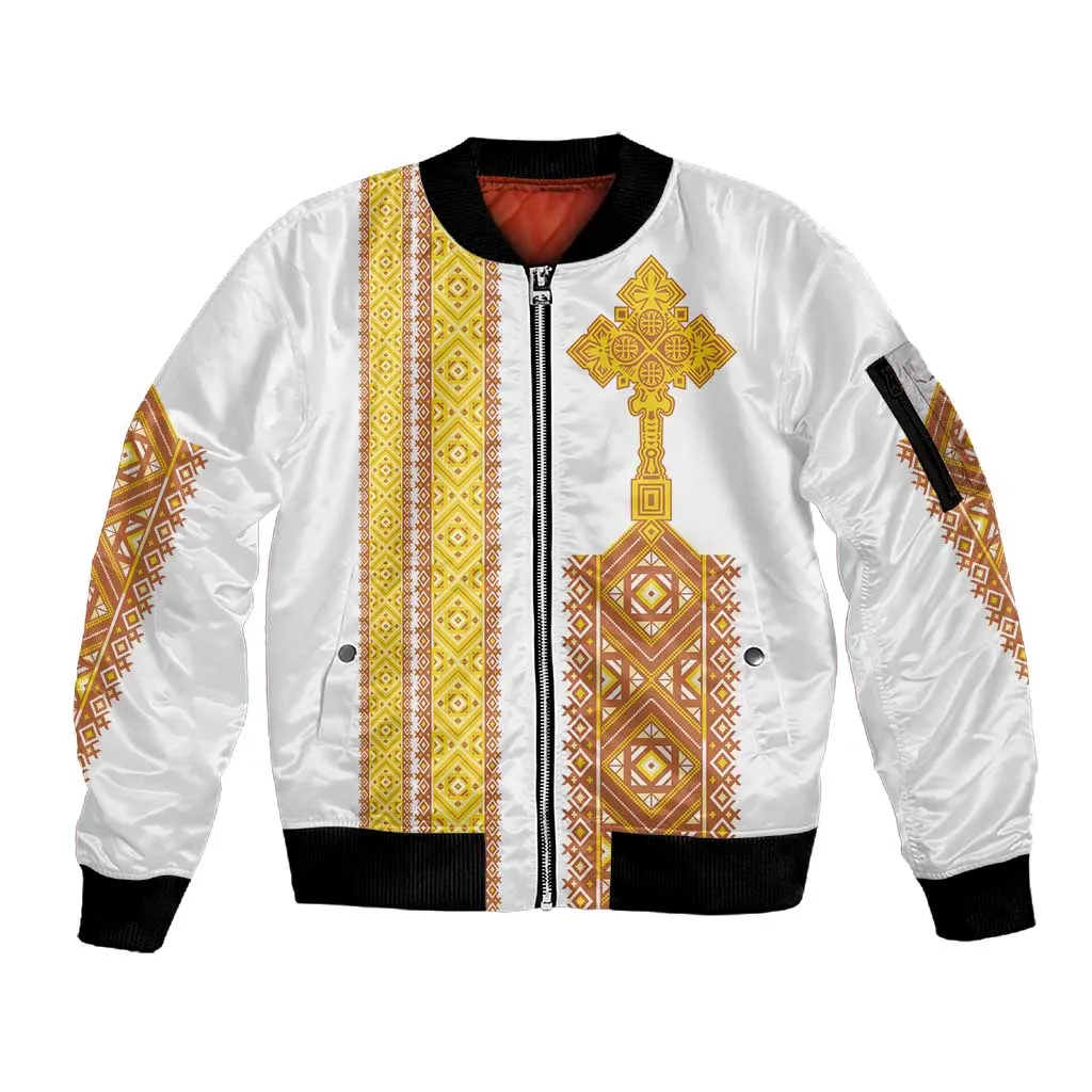 Habesha Motifs Ethiopia Sleeve Zip Bomber Jacket Tilet White Gold LT7
