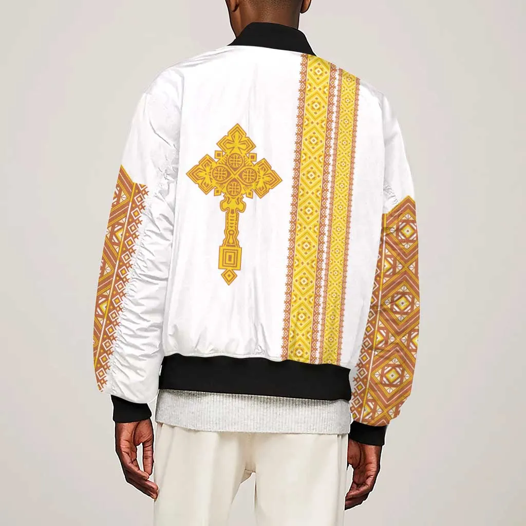 Habesha Motifs Ethiopia Sleeve Zip Bomber Jacket Tilet White Gold LT7