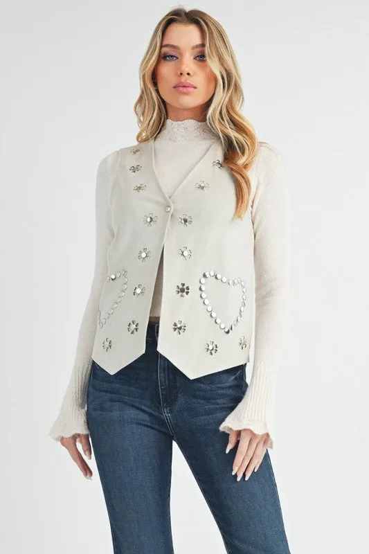 Heart Rivet White Suede Vest for Women