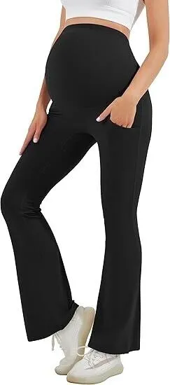HEGALY Women's Maternity Flare Leggings Over The Belly- Casual Pregnancy Pants M