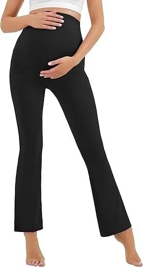 HEGALY Women's Maternity Flare Leggings Over The Belly- Casual Pregnancy Pants M