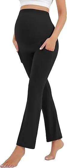 HEGALY Women's Maternity Flare Leggings Over The Belly- Casual Pregnancy Pants M