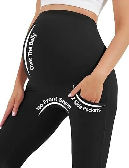 HEGALY Women's Maternity Flare Leggings Over The Belly- Casual Pregnancy Pants M