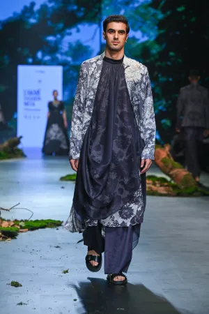 Ivory And Grey Printed Kurta & Cape Set