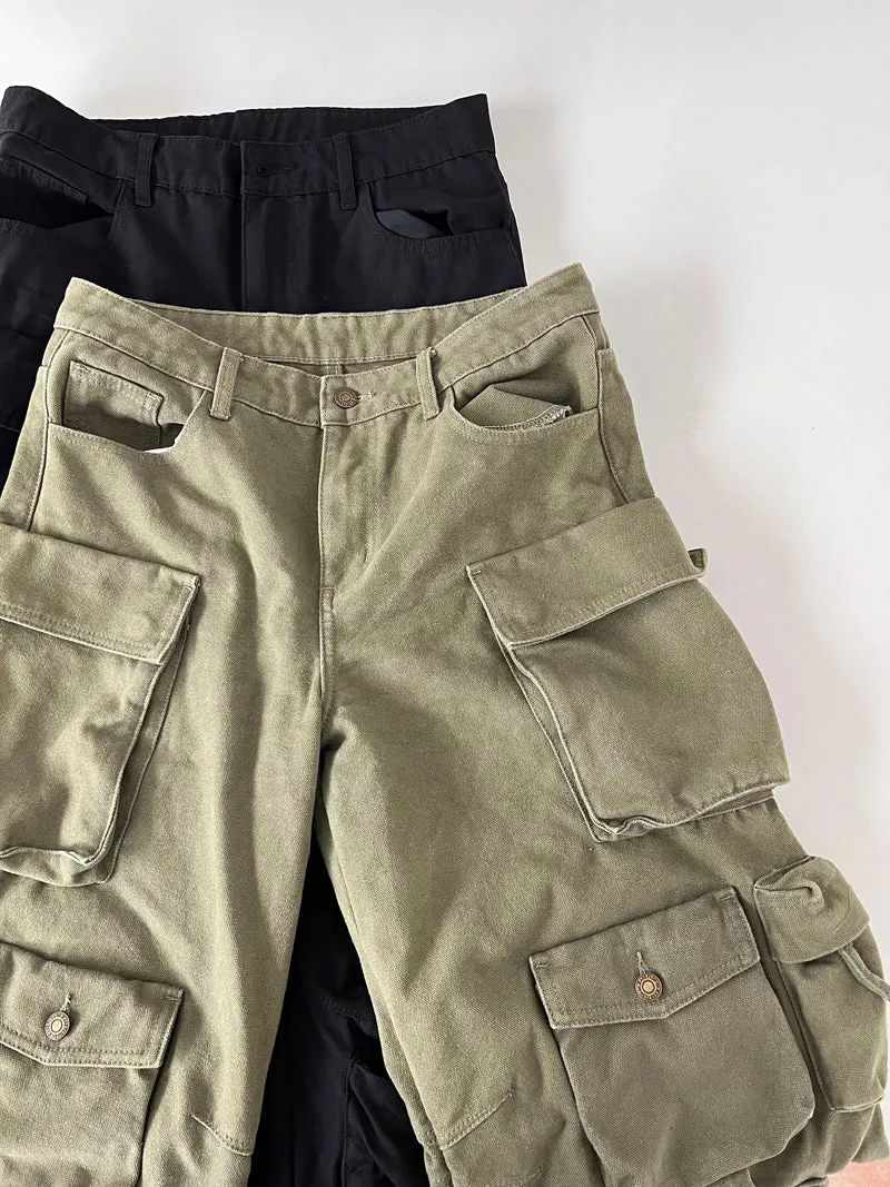 Kade Solid Color Multi Pocket Long Straight Leg Denim Cargo Pants