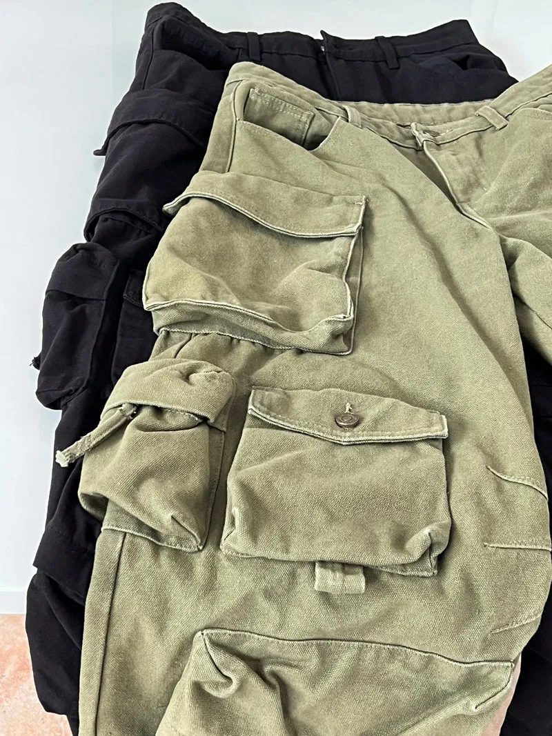 Kade Solid Color Multi Pocket Long Straight Leg Denim Cargo Pants