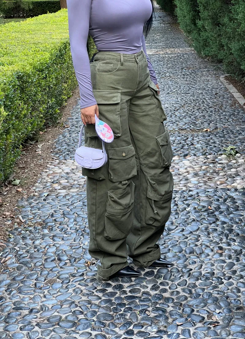 Kade Solid Color Multi Pocket Long Straight Leg Denim Cargo Pants