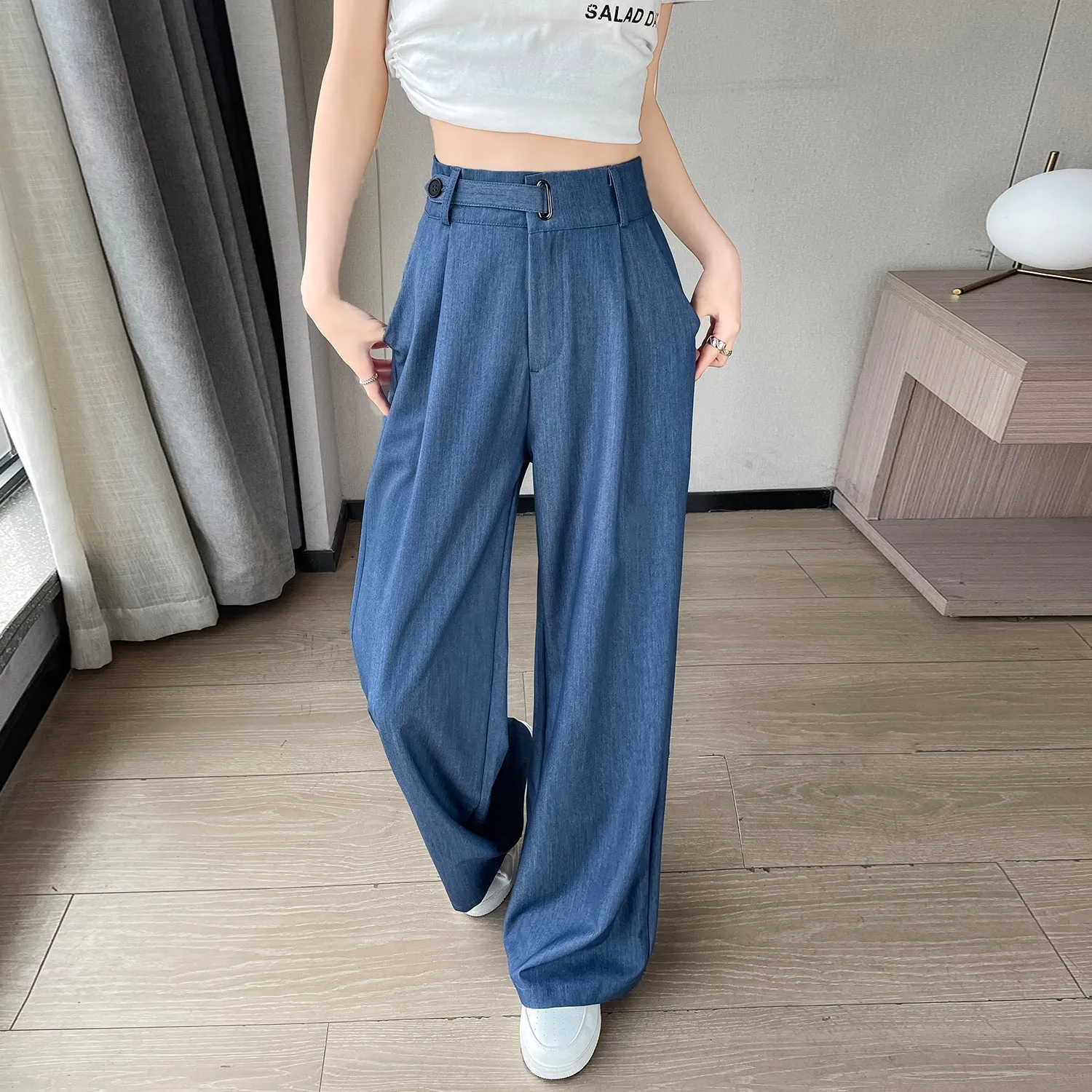 Lightweight Solid Color Straight-Leg Pants with Simple Design for Women