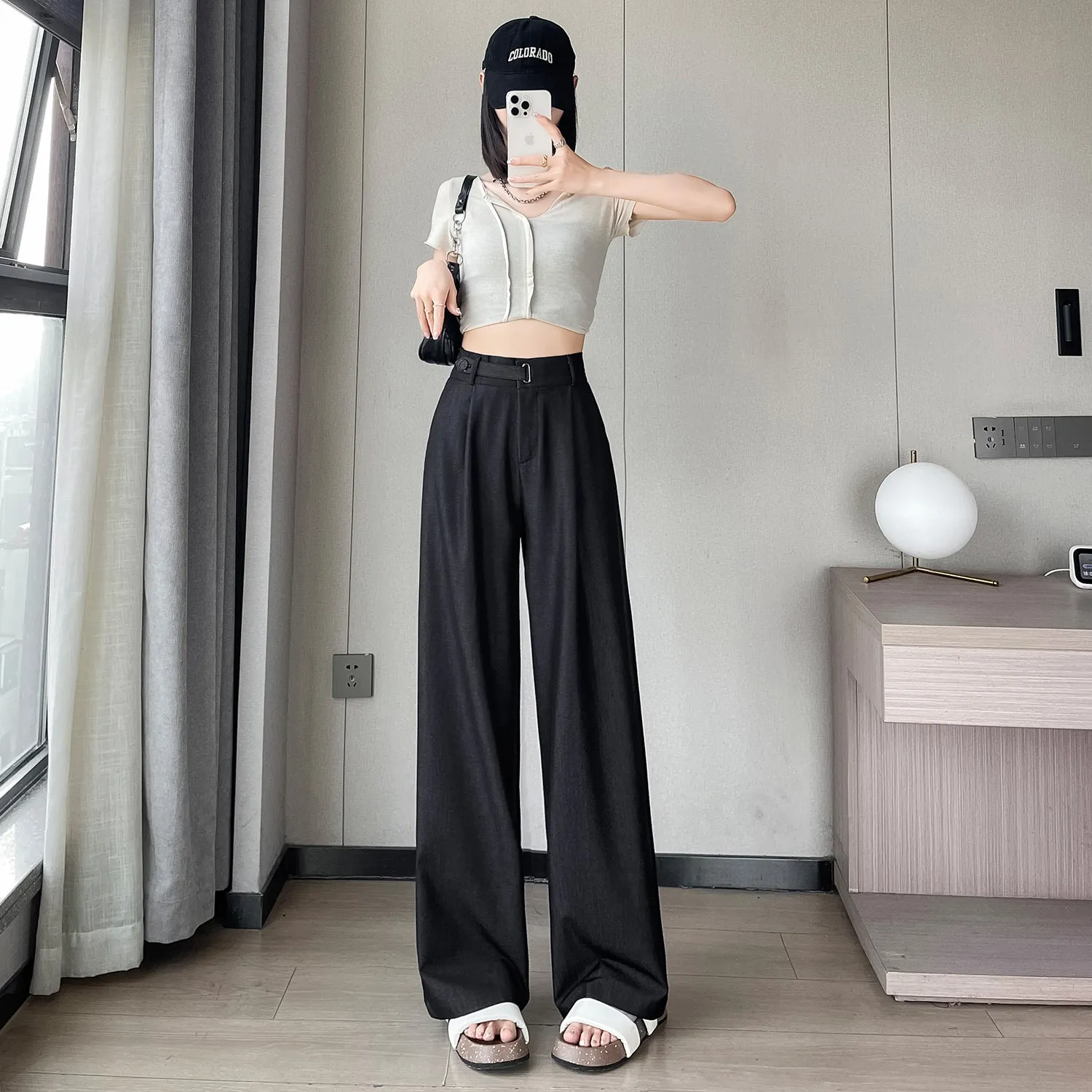 Lightweight Solid Color Straight-Leg Pants with Simple Design for Women