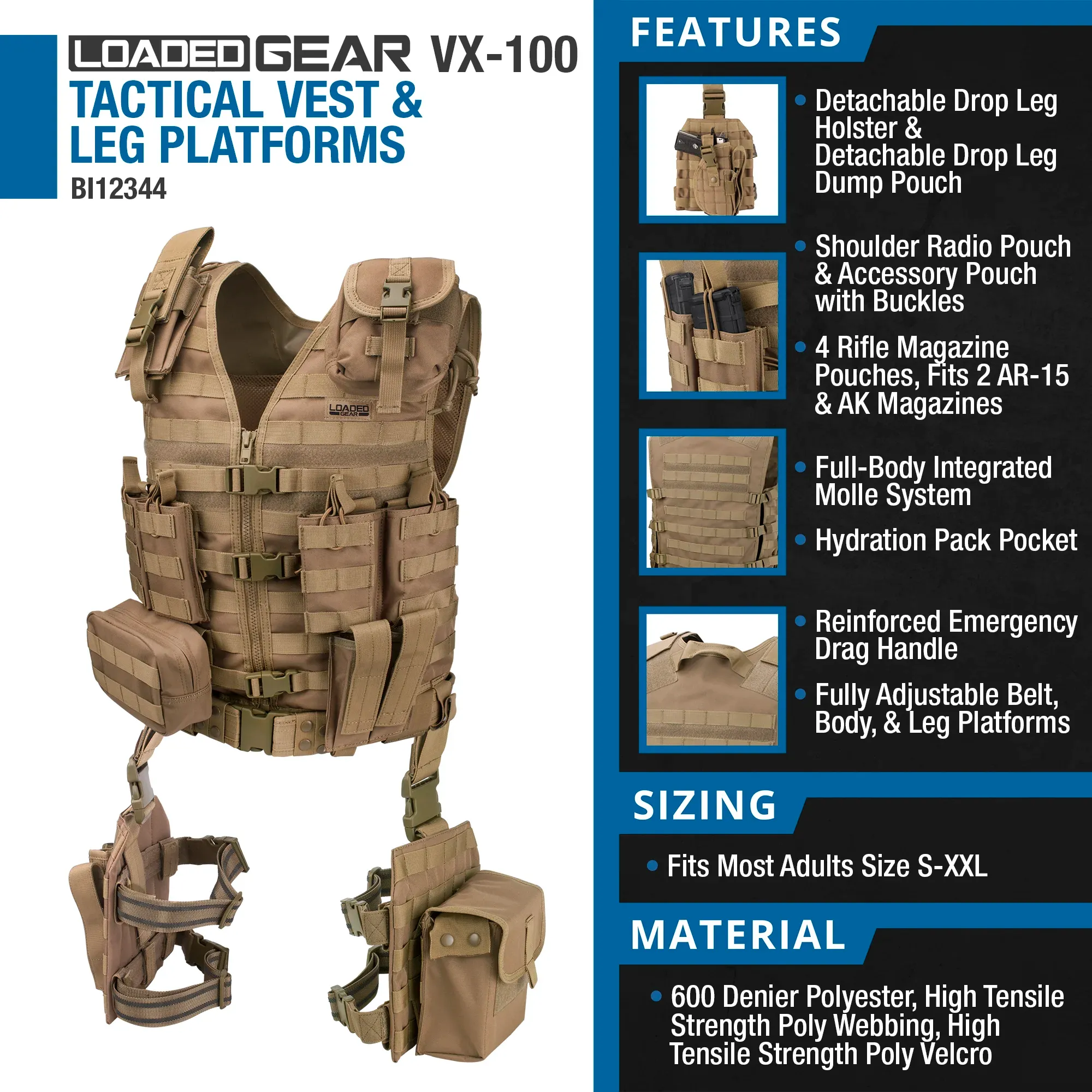 Loaded Gear VX-100 Tactical Vest and Leg Platforms | Black, OD Green, Dark Earth | BI12016, BI12330, BI12344