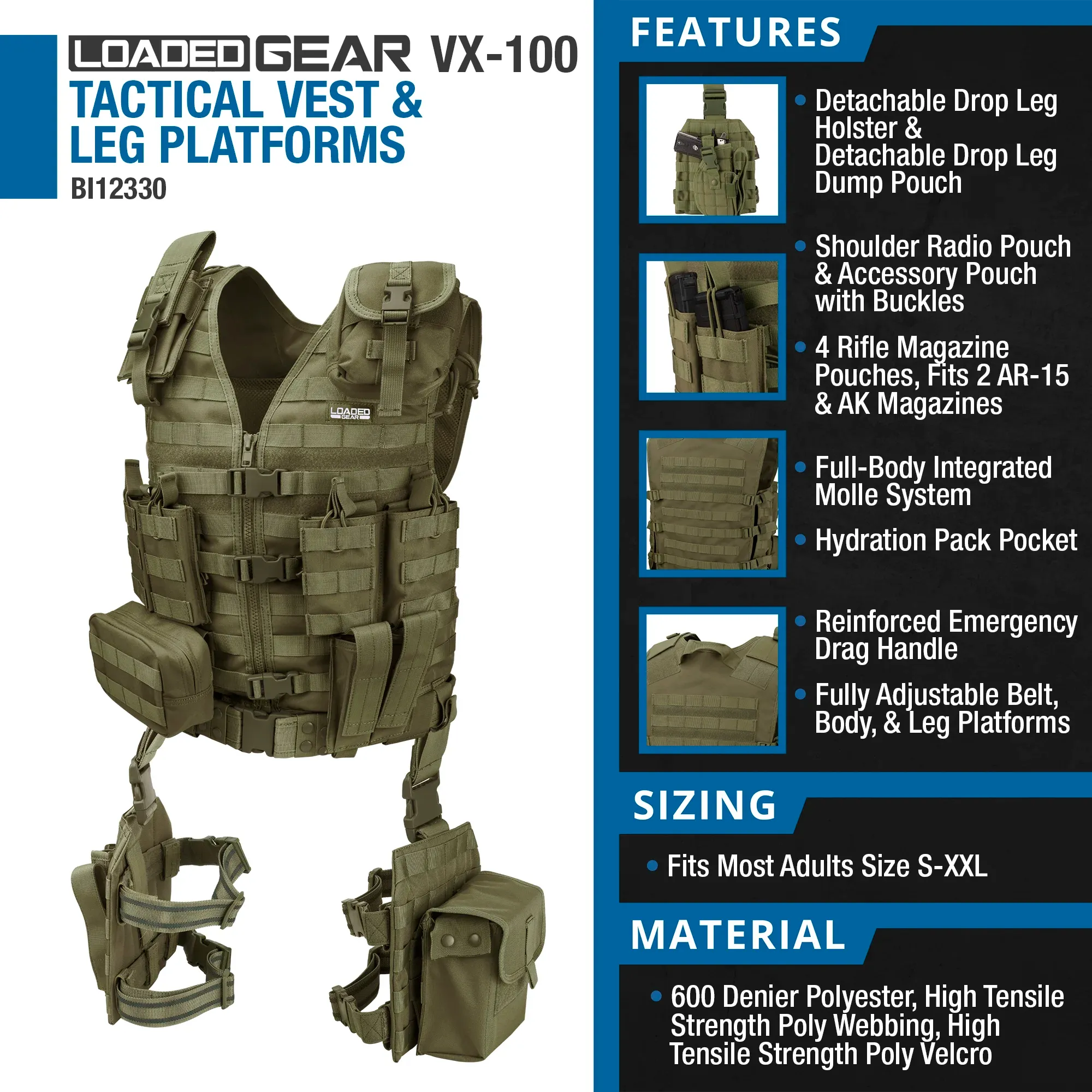 Loaded Gear VX-100 Tactical Vest and Leg Platforms | Black, OD Green, Dark Earth | BI12016, BI12330, BI12344