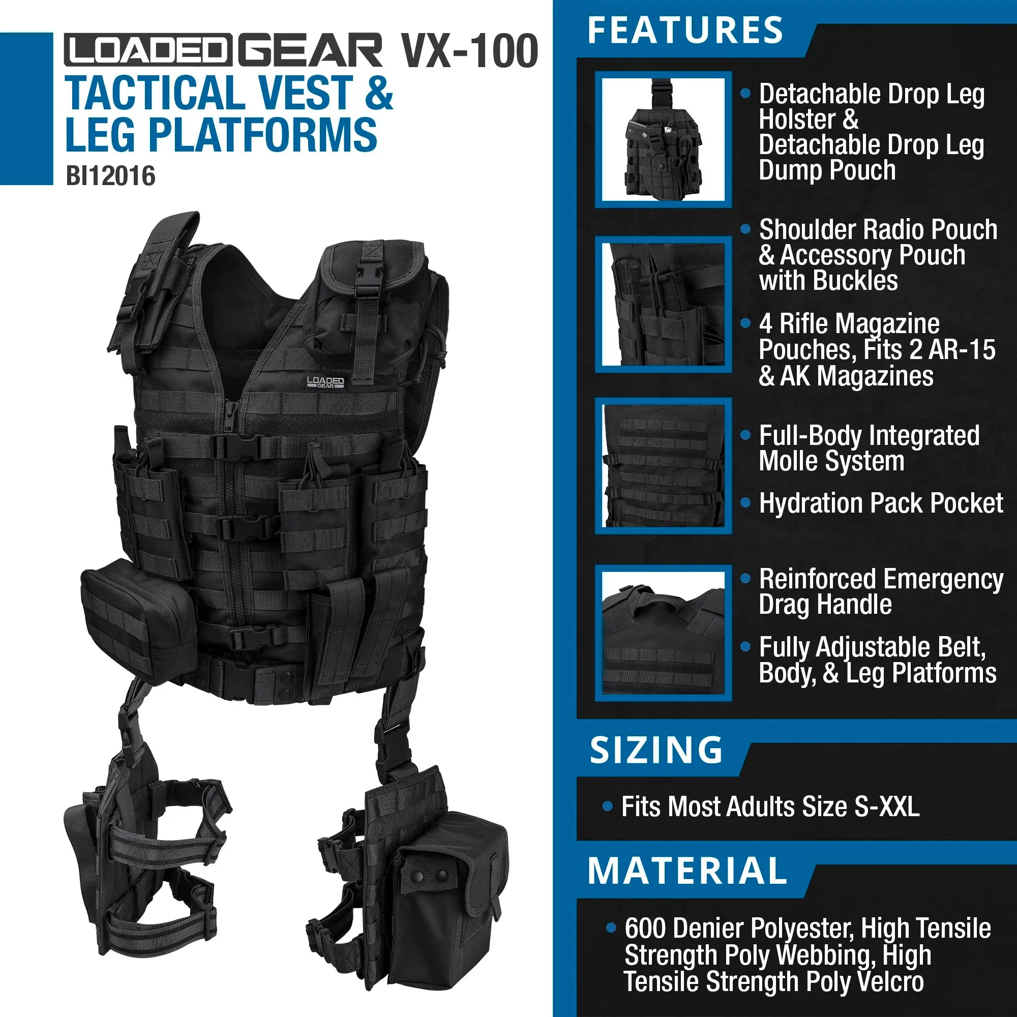 Loaded Gear VX-100 Tactical Vest and Leg Platforms | Black, OD Green, Dark Earth | BI12016, BI12330, BI12344