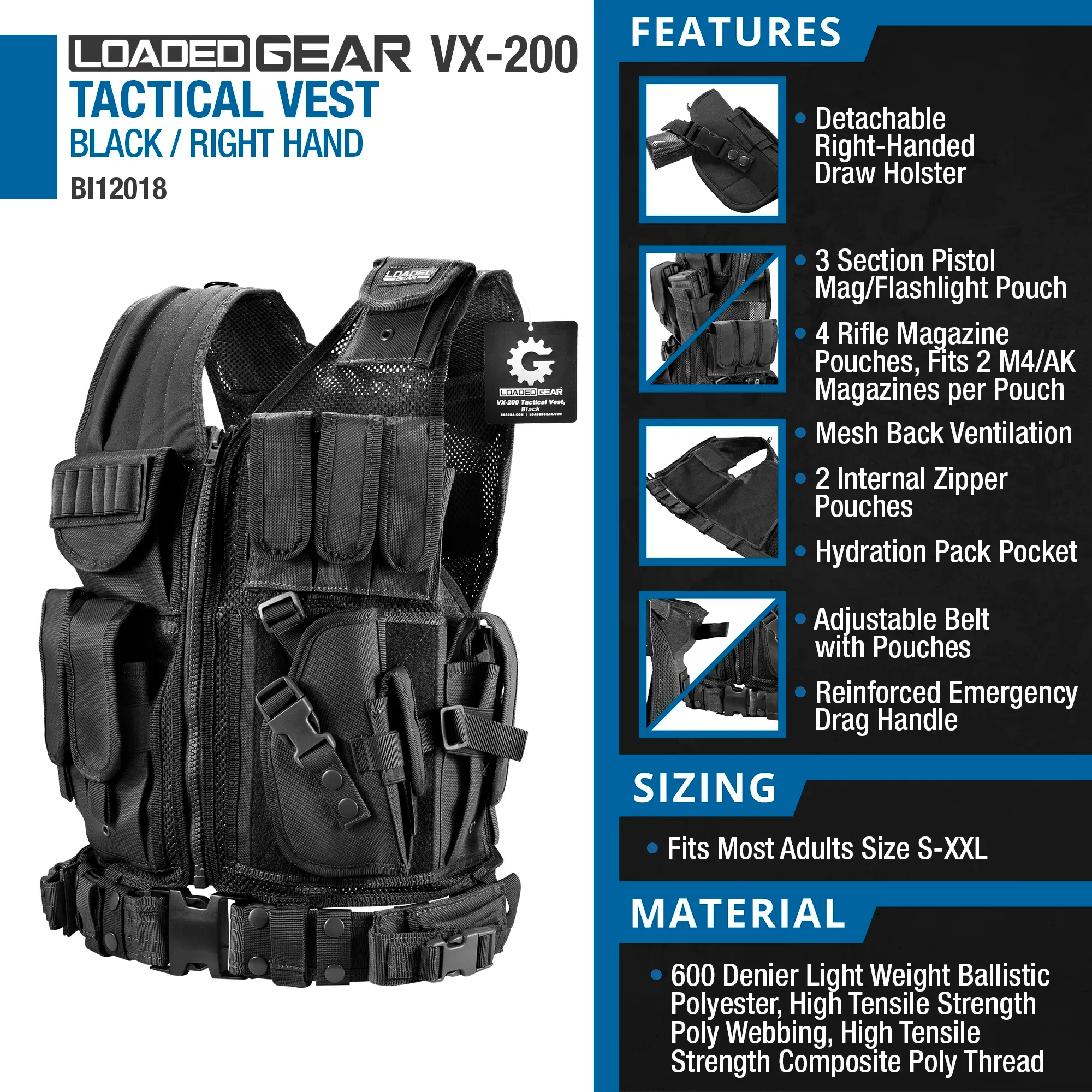 Loaded Gear VX-200 Tactical Vests | Black, OD Green, Dark Earth | BI12018, BI12332, BI12346