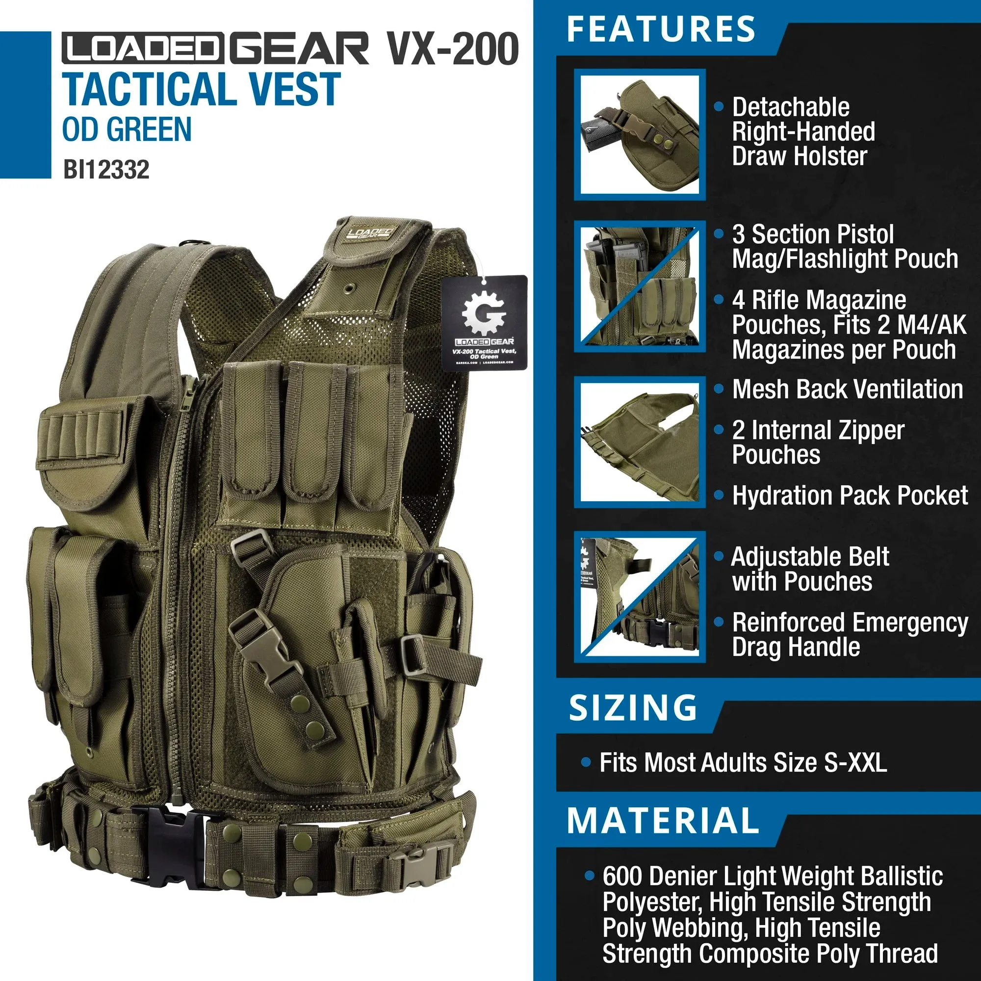 Loaded Gear VX-200 Tactical Vests | Black, OD Green, Dark Earth | BI12018, BI12332, BI12346