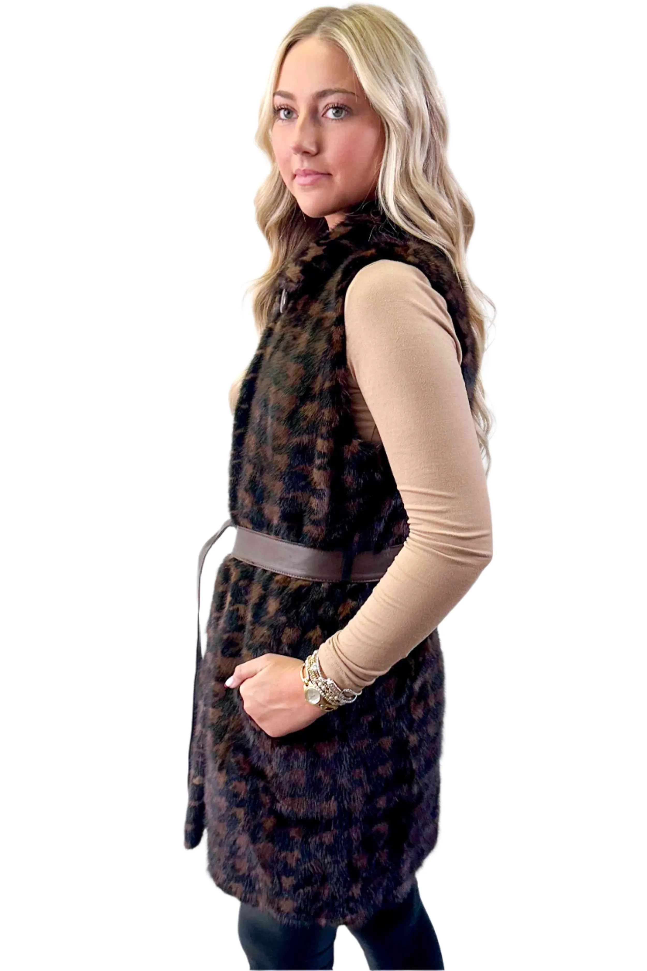 Long Mink Fur Vest with Detachable Leather Belt