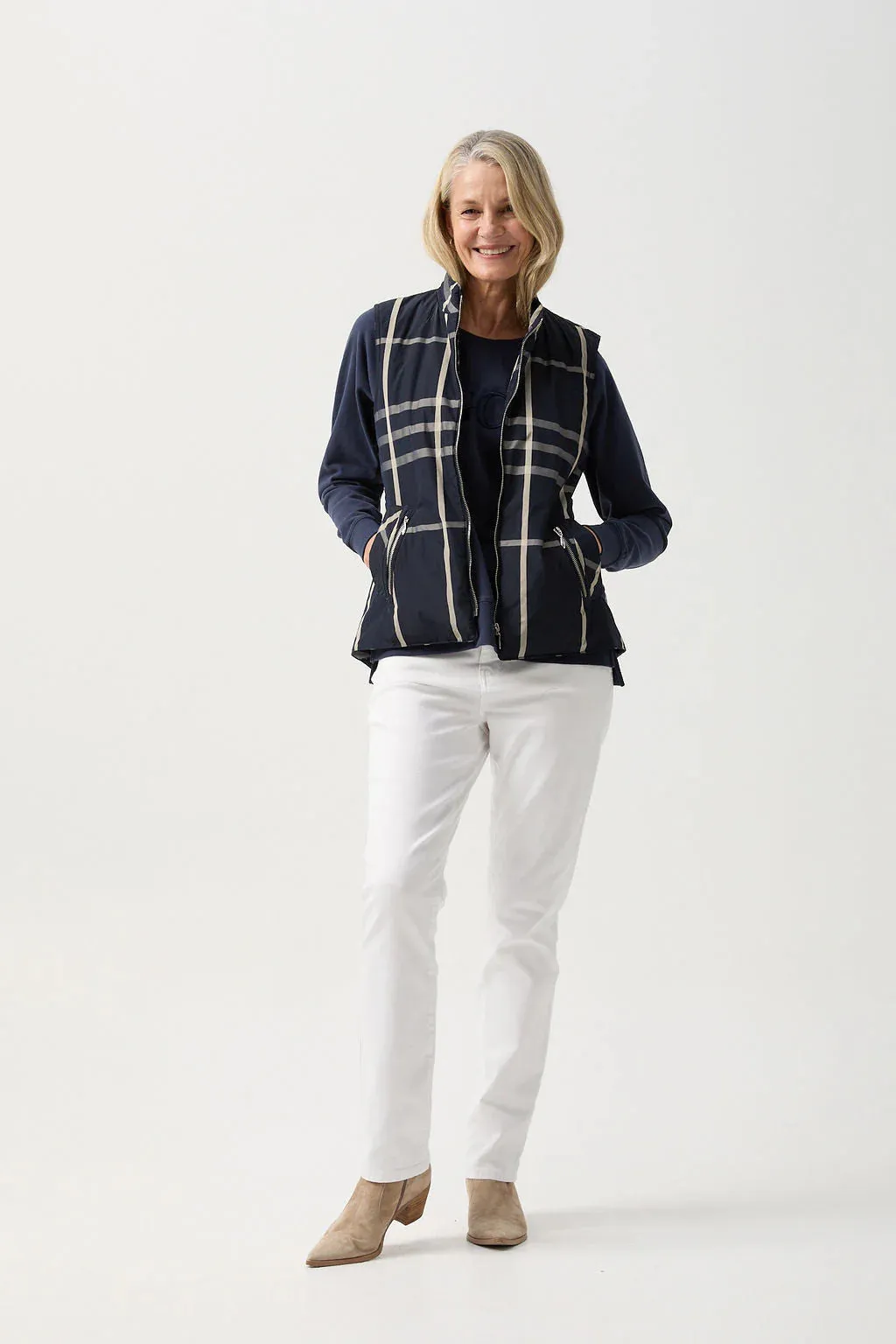 Longline Quilted Vest - Navy Check