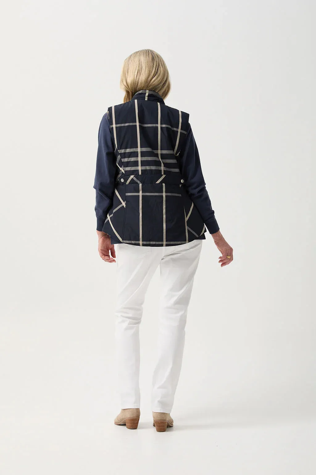 Longline Quilted Vest - Navy Check