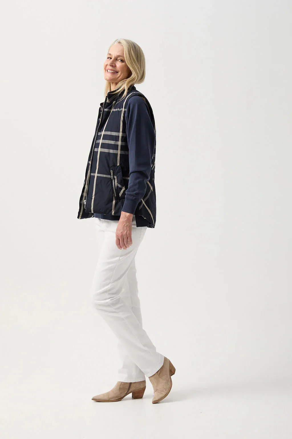 Longline Quilted Vest - Navy Check