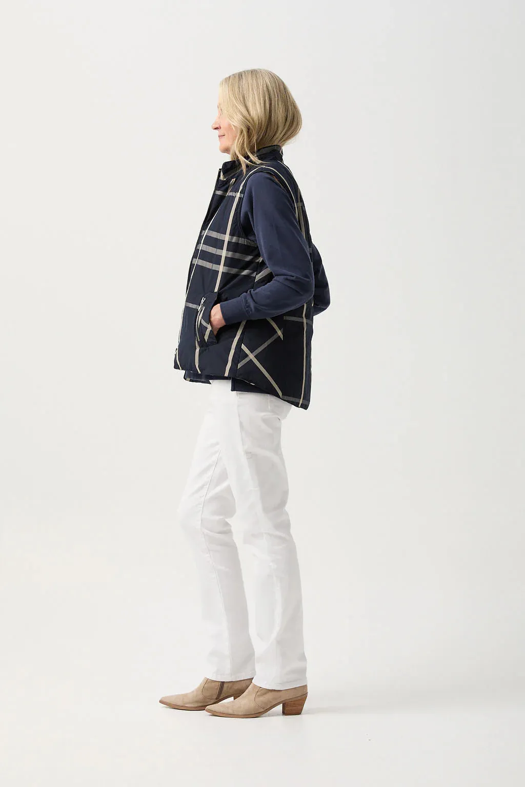 Longline Quilted Vest - Navy Check