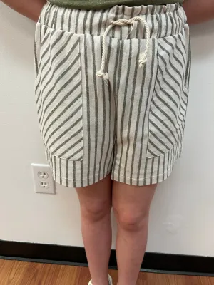 May Girls Olive Stripe Elastic Waist Shorts