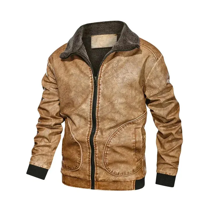 Mens Casual Winter Motorcycle Windproof Genuine Leather Jacket