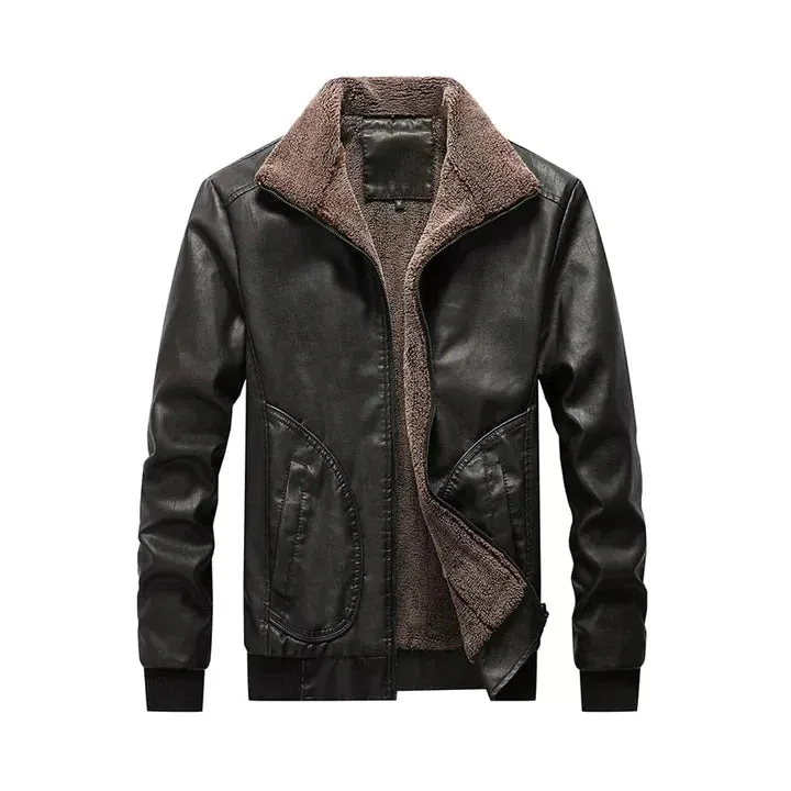 Mens Casual Winter Motorcycle Windproof Genuine Leather Jacket