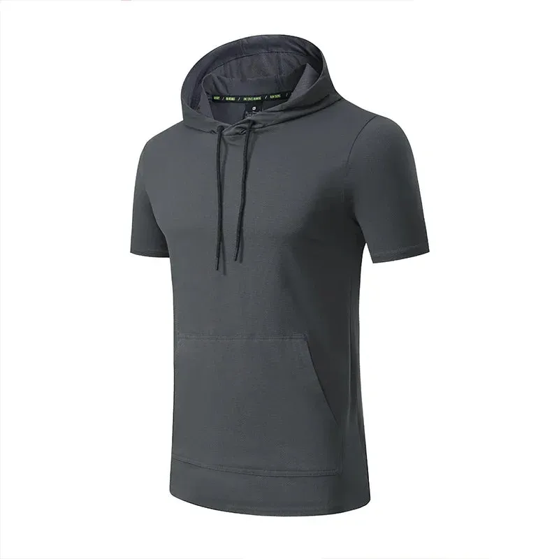Mens Hoodies Sweatshirts Short Sleeve Tight Sports Jogging Compression Hoodie Outdoor Leisure Tees Casual Solid Color Hoody