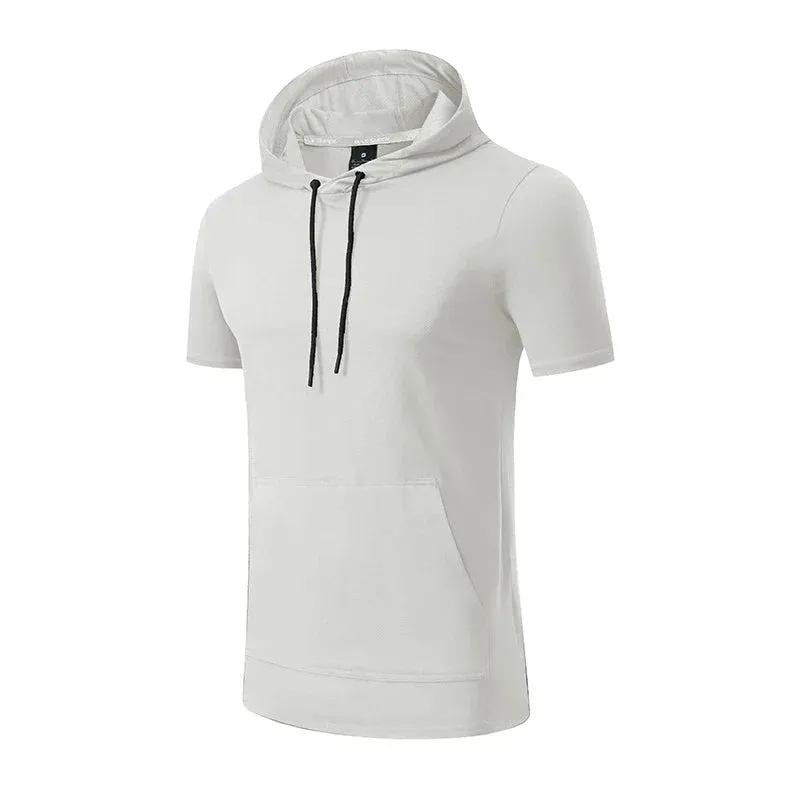 Mens Hoodies Sweatshirts Short Sleeve Tight Sports Jogging Compression Hoodie Outdoor Leisure Tees Casual Solid Color Hoody