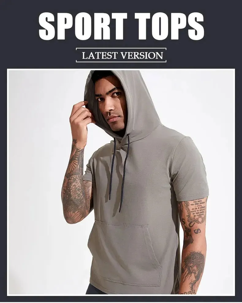 Mens Hoodies Sweatshirts Short Sleeve Tight Sports Jogging Compression Hoodie Outdoor Leisure Tees Casual Solid Color Hoody