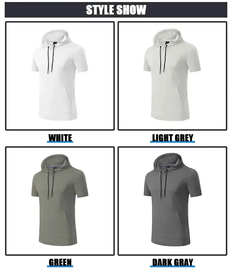 Mens Hoodies Sweatshirts Short Sleeve Tight Sports Jogging Compression Hoodie Outdoor Leisure Tees Casual Solid Color Hoody