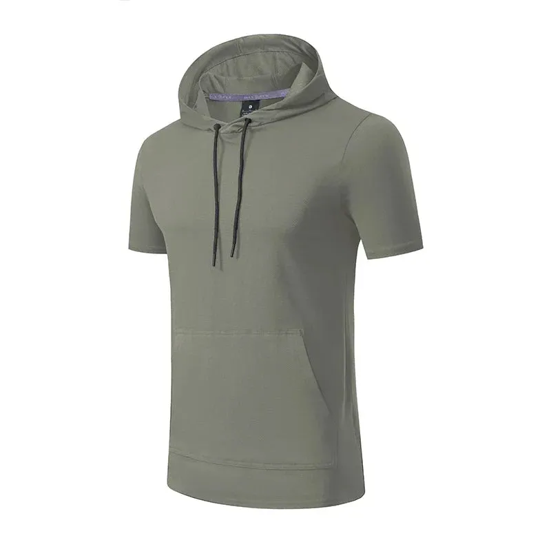 Mens Hoodies Sweatshirts Short Sleeve Tight Sports Jogging Compression Hoodie Outdoor Leisure Tees Casual Solid Color Hoody