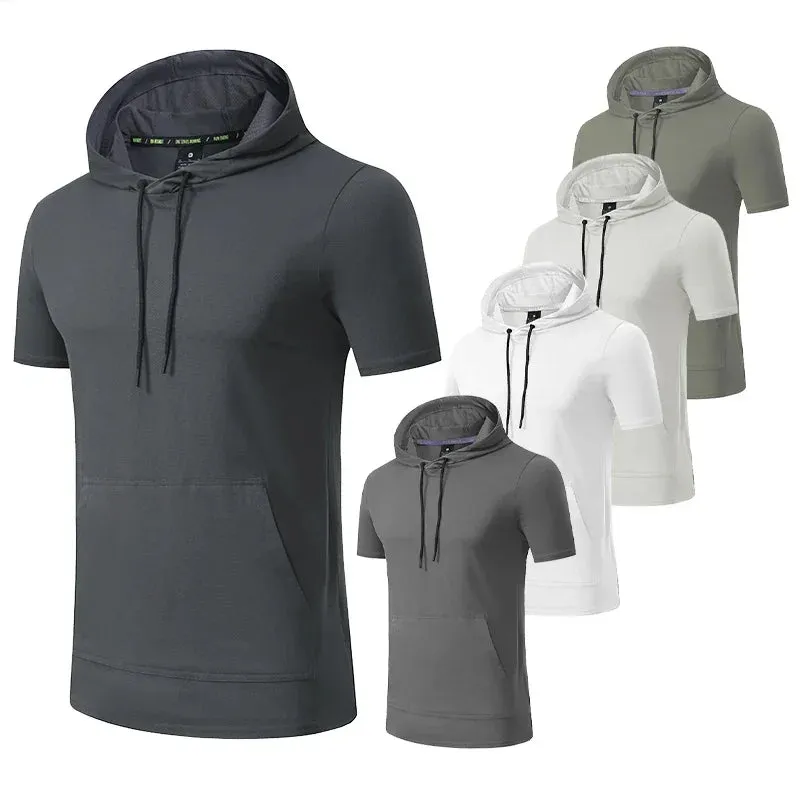 Mens Hoodies Sweatshirts Short Sleeve Tight Sports Jogging Compression Hoodie Outdoor Leisure Tees Casual Solid Color Hoody