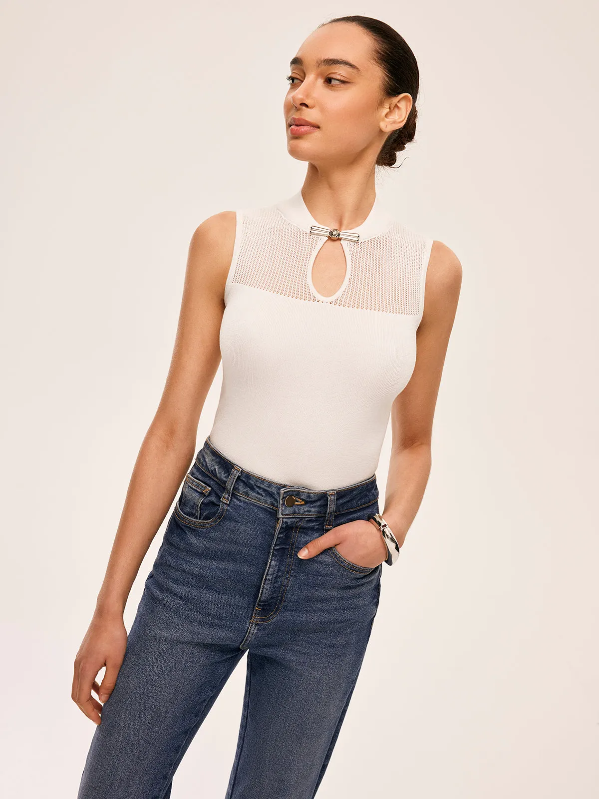Mesh Detail Keyhole Neck Ribbed Top