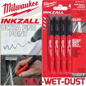 MILWAUKEE INKZALL ULTRA FINE POINT ALL SURFACE MARKER PENS ( X 4 )