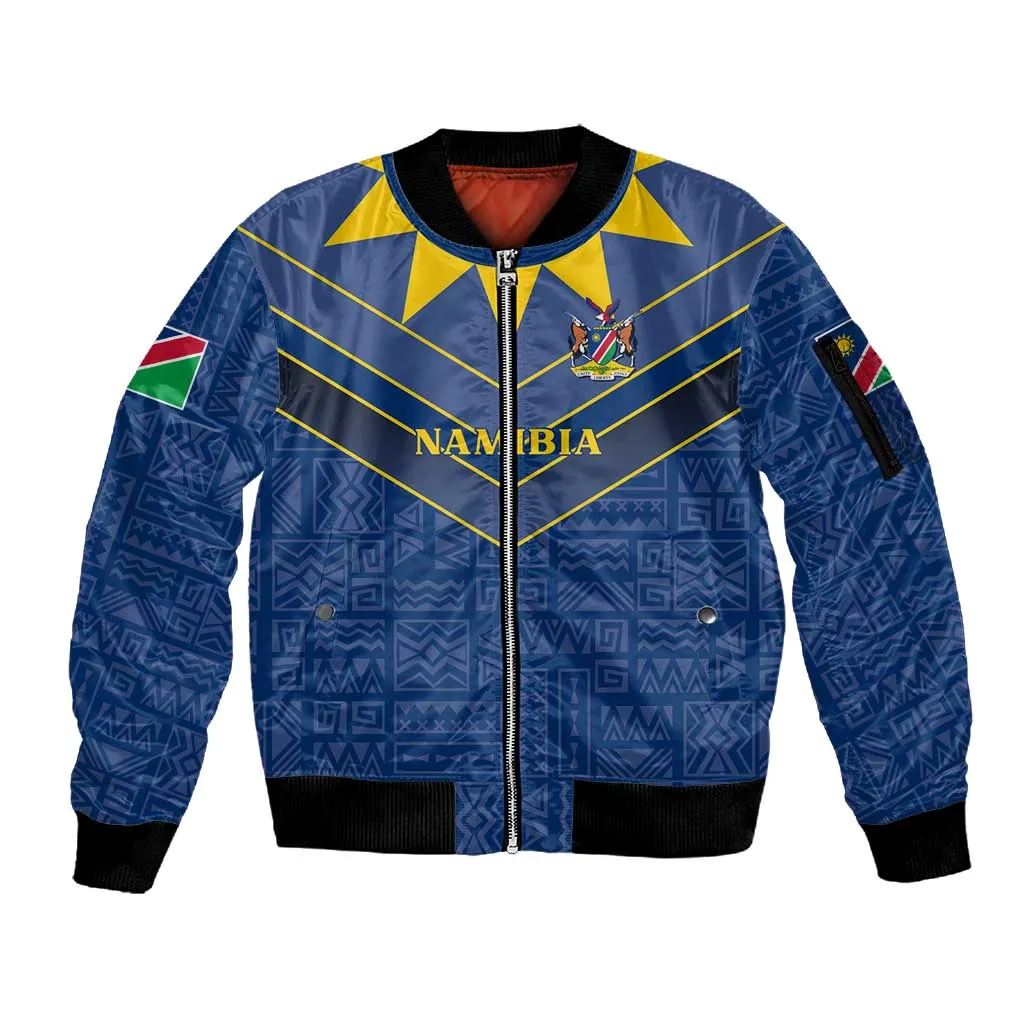 Namibia Yellow Sun Sleeve Zip Bomber Jacket Sporty Style with Traditional Patterns TS04
