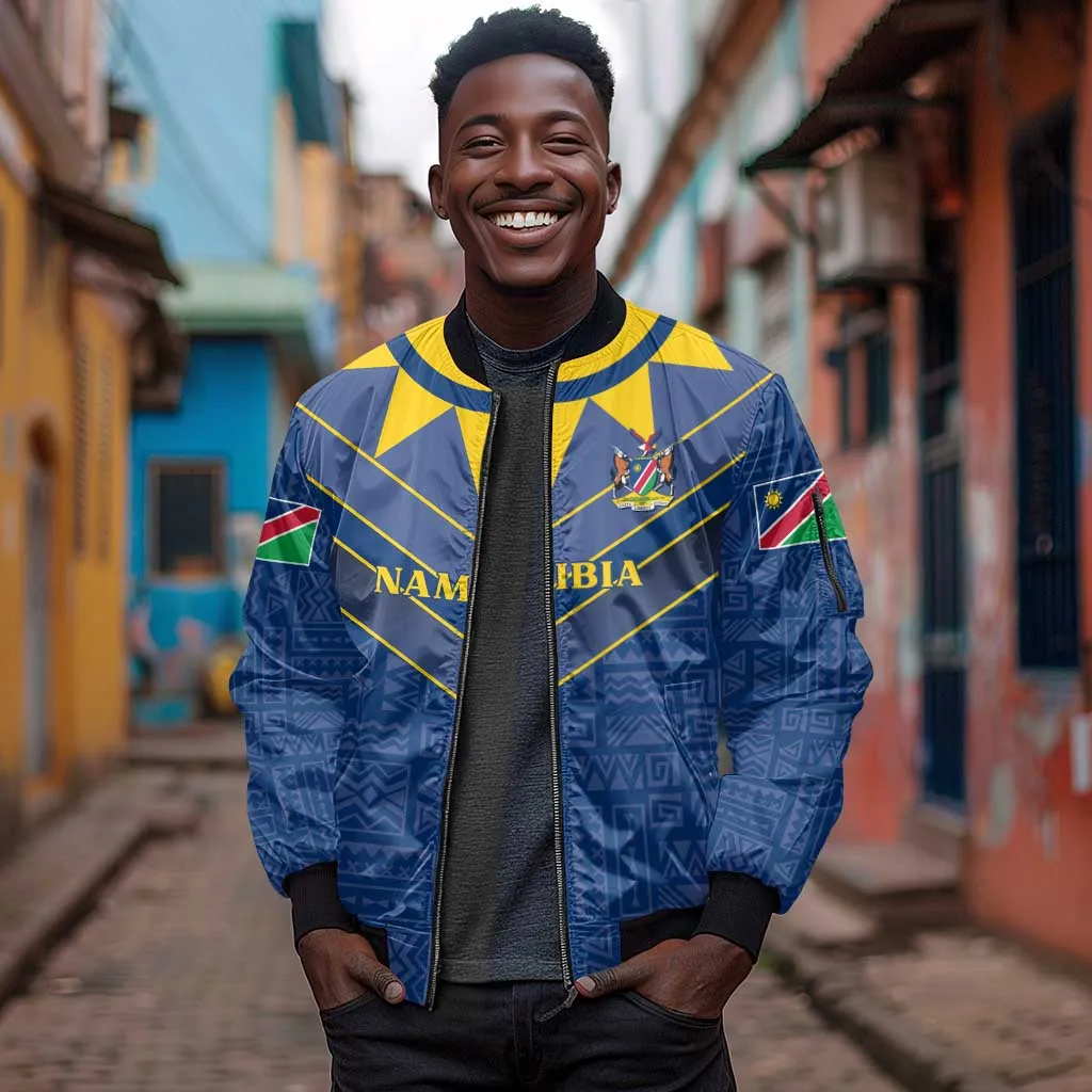 Namibia Yellow Sun Sleeve Zip Bomber Jacket Sporty Style with Traditional Patterns TS04