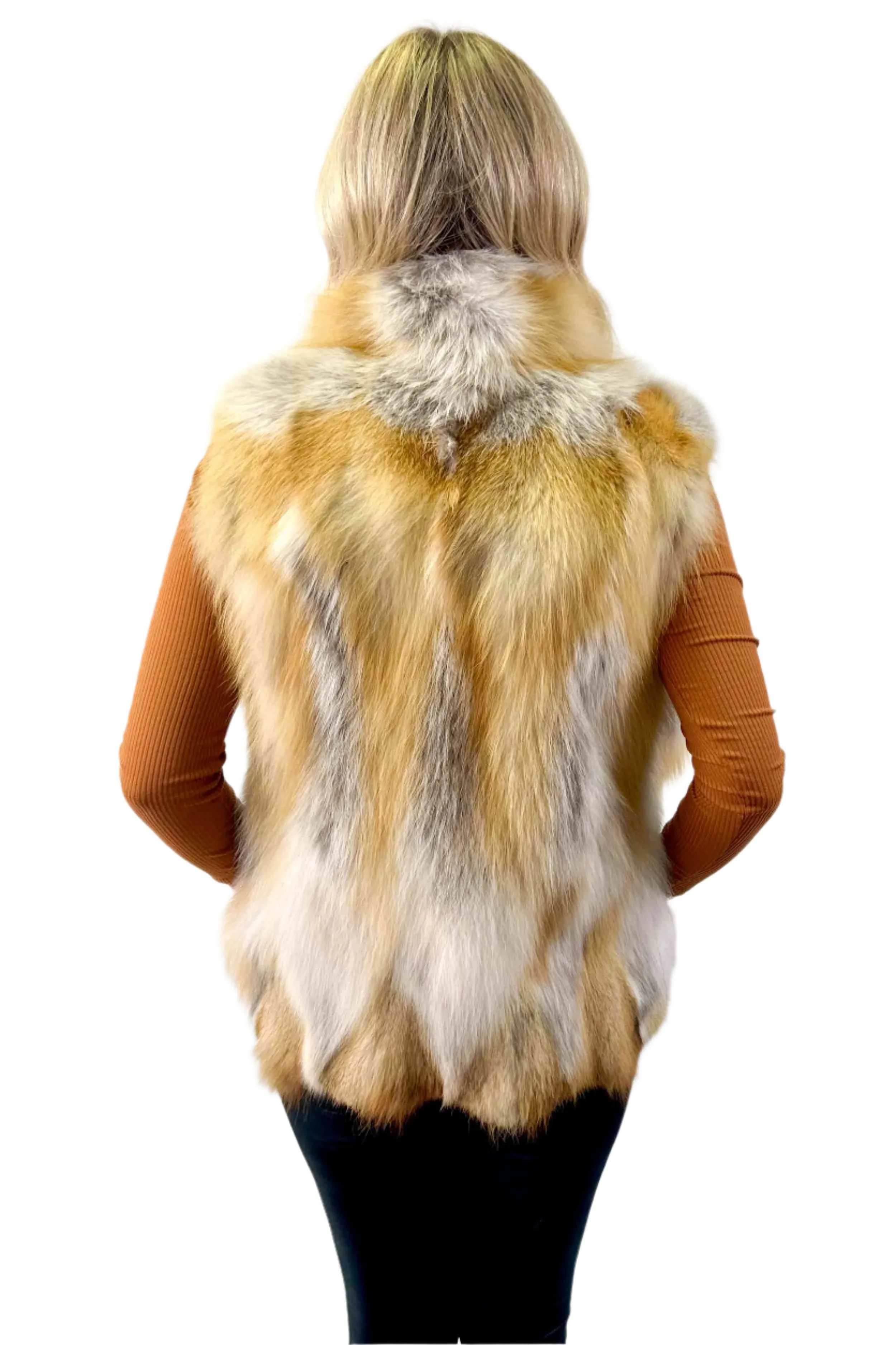 Natural Red Sectioned Fox Fur Vest with Zip Front