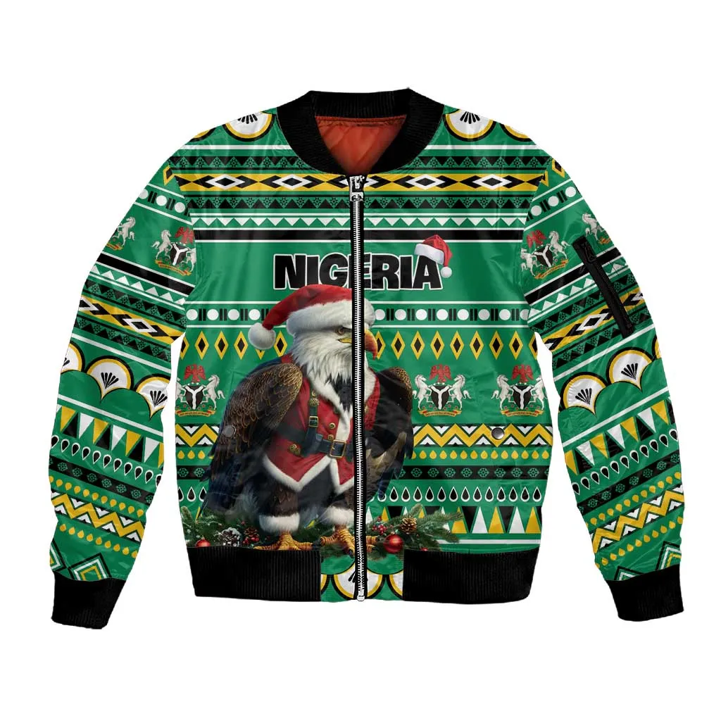 Nigeria Christmas Sleeve Zip Bomber Jacket Eagle Santa - African Pattern LT01