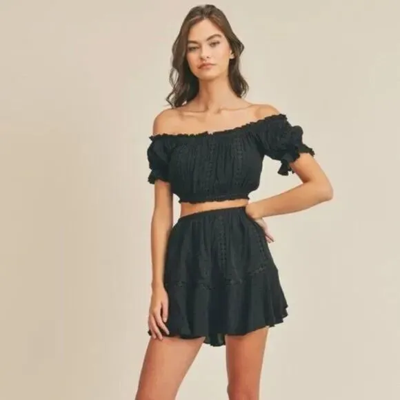 NWT Black Eyelet Off the Shoulder Crop Top &amp; Skirt Set