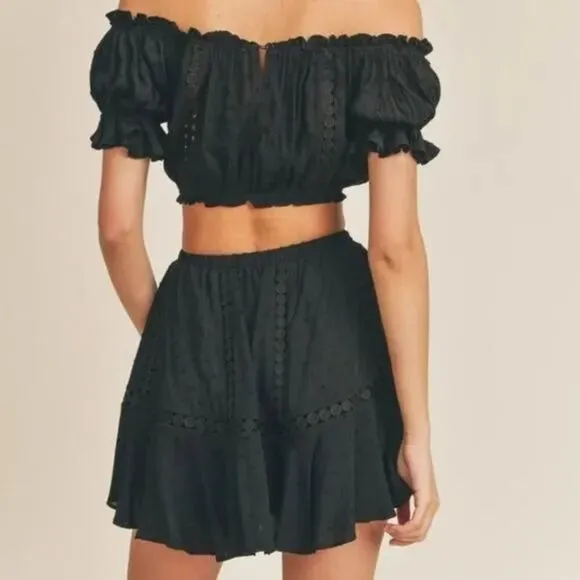 NWT Black Eyelet Off the Shoulder Crop Top &amp; Skirt Set