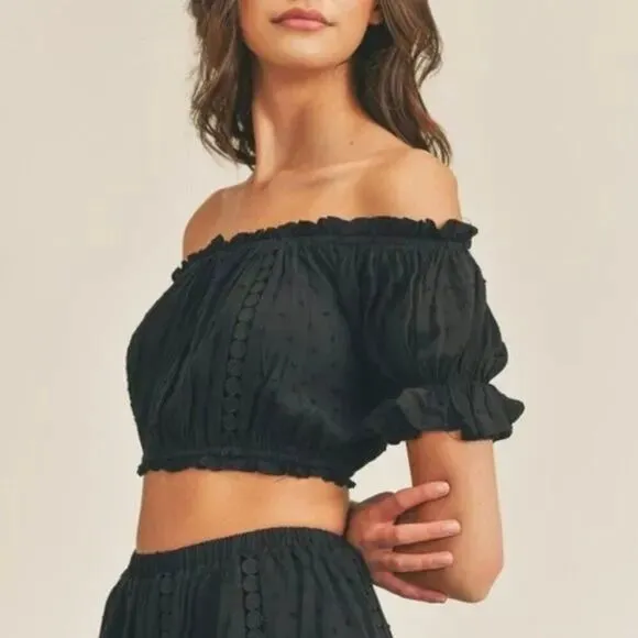 NWT Black Eyelet Off the Shoulder Crop Top &amp; Skirt Set