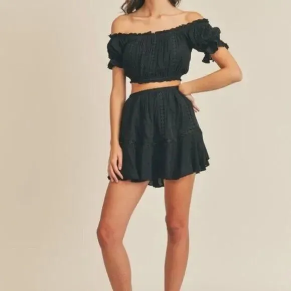 NWT Black Eyelet Off the Shoulder Crop Top &amp; Skirt Set