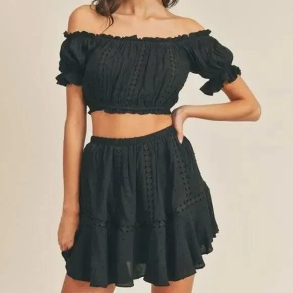 NWT Black Eyelet Off the Shoulder Crop Top &amp; Skirt Set