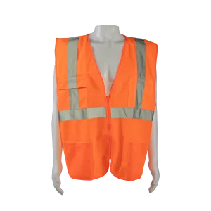 OV2-FSMB ANSI 107-2020 CLASS II Orange Front Solid Mesh Back 4-Pocket Safety Vests