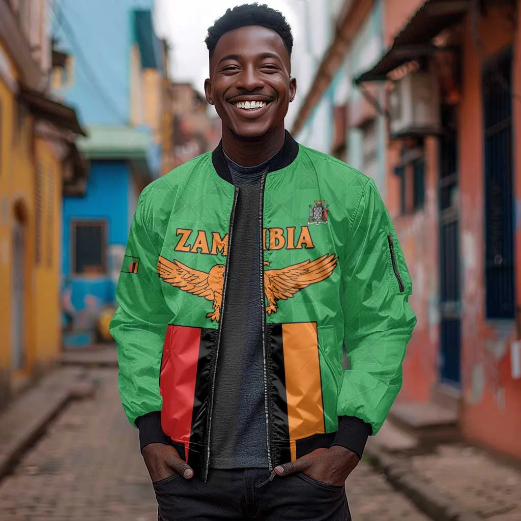 Personalised Afro Zambia Sleeve Zip Bomber Jacket Flag Style Mix Kente Pattern LT15
