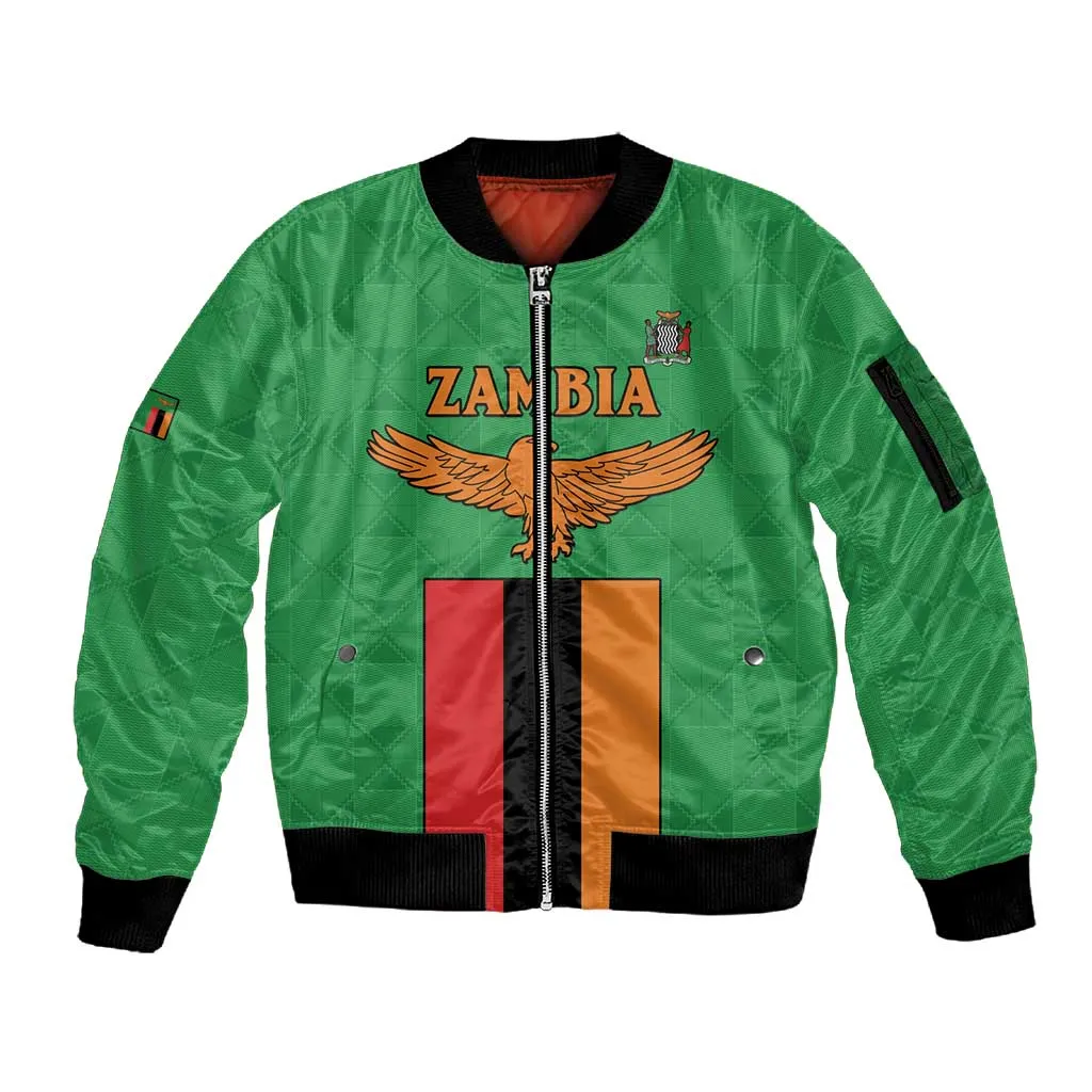 Personalised Afro Zambia Sleeve Zip Bomber Jacket Flag Style Mix Kente Pattern LT15