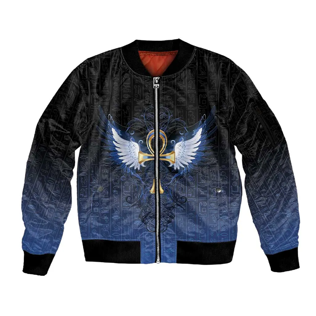 Personalised Egyptian Ankh Sleeve Zip Bomber Jacket Egypt Hieroglyphs Pattern LT15